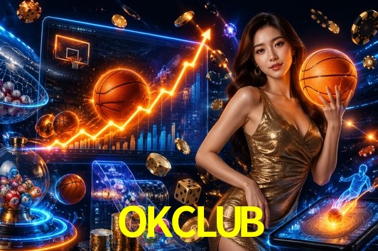 Una escena digital vívida inspirada en casino con OKCLUB mostrado prominentemente, luces brillantes, fichas, cartas y acentos dorados.