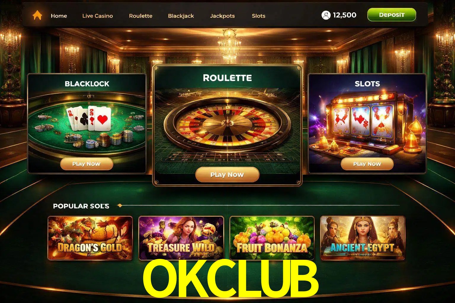 Vista de la plataforma OKCLUB Casino mostrando categorías organizadas de juegos en línea